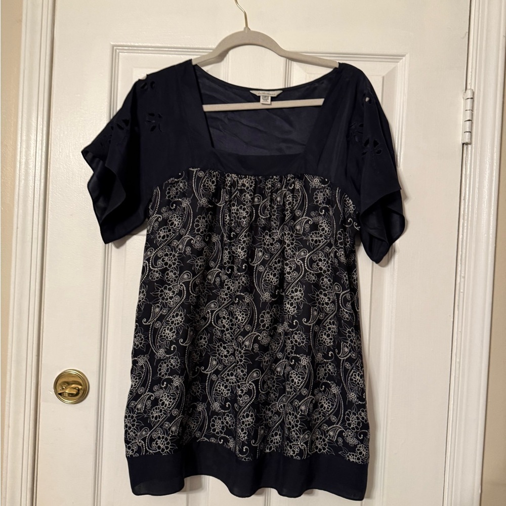 Navy Paisley Short Sleeve Scoop-Neck Blouse 100% Silk